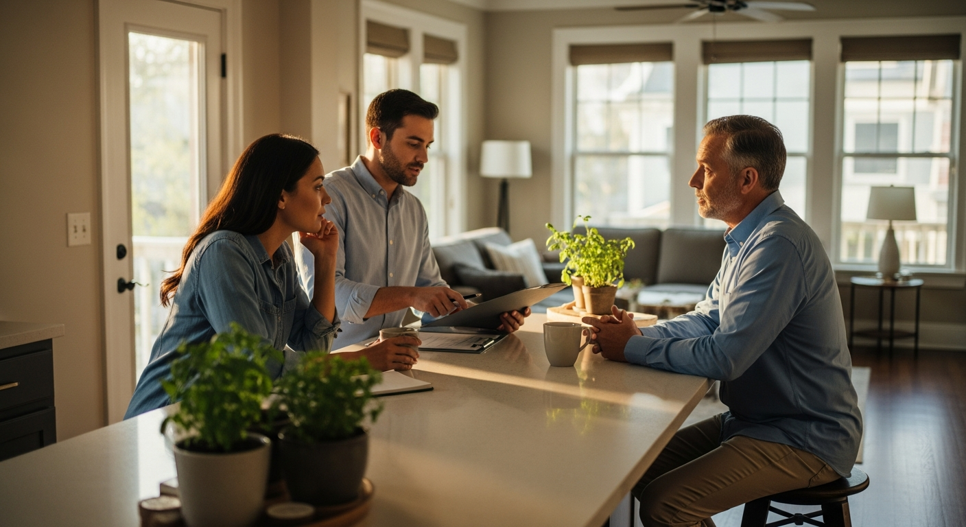 A buyer, buyer's agent, and seller talk at a sunlit kitchen island while reviewing closed representation paperwork before a home showing.