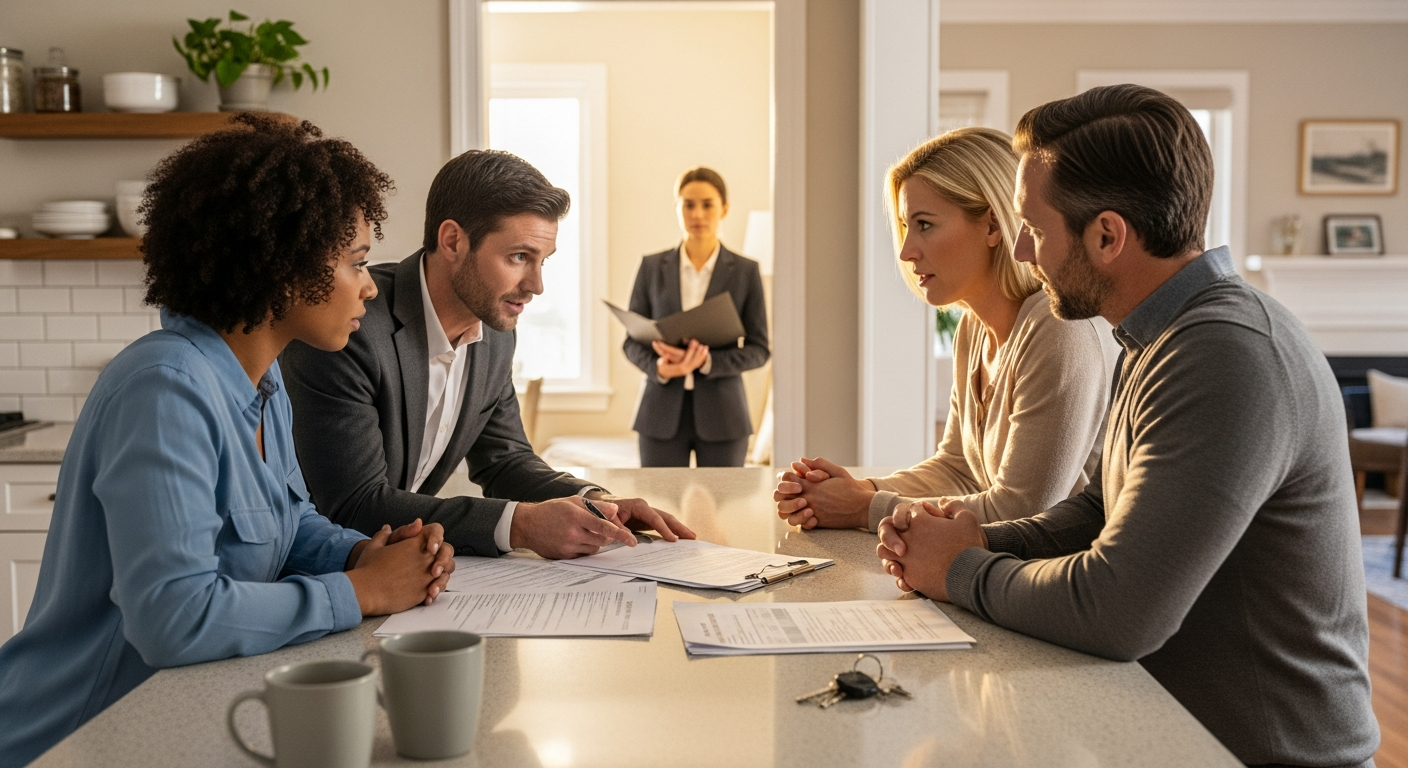 A listing agent and seller couple review paperwork at a sunlit kitchen island while a buyer's agent waits nearby with a folder, all engaged in a calm compensation discussion during a home sale